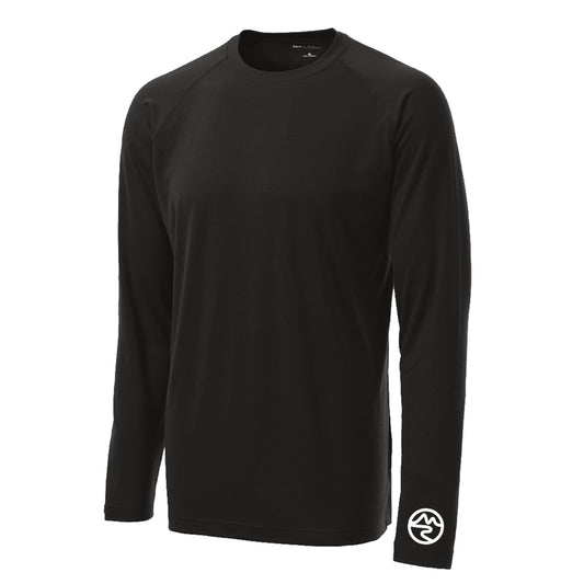Mtn Flo long sleeved black shirt with white Mtn Flo logo imprinted on left sleeve
