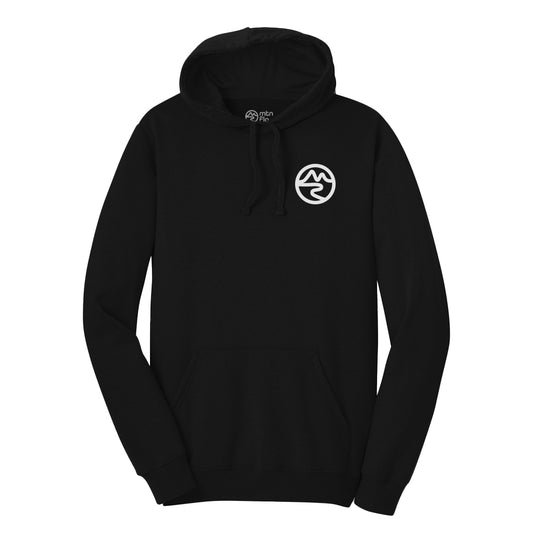 Black hoodie sweater with Mtn Flo white logo on chest