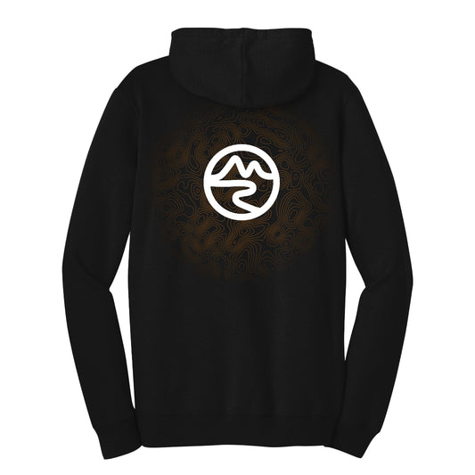 Backside of black hoodie sweater with Mtn Flo white logo on back with topographic map pattern beneath