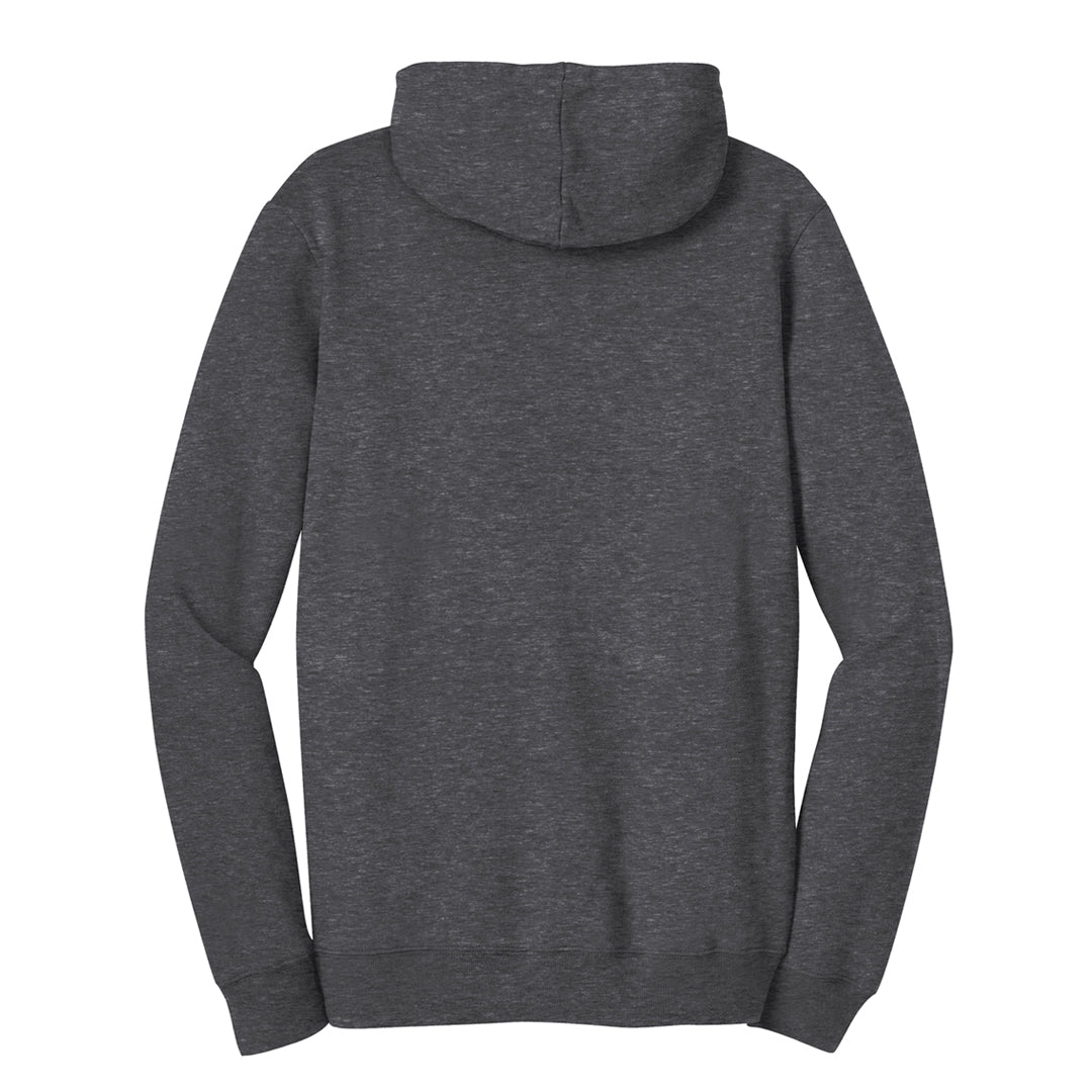 Backside of dark gray hoodie sweater