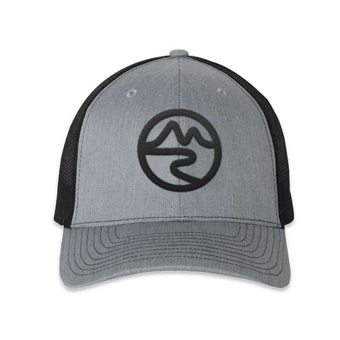 Mtn Flo gray and black trucker cap with black Mtn Flo logo embroidered