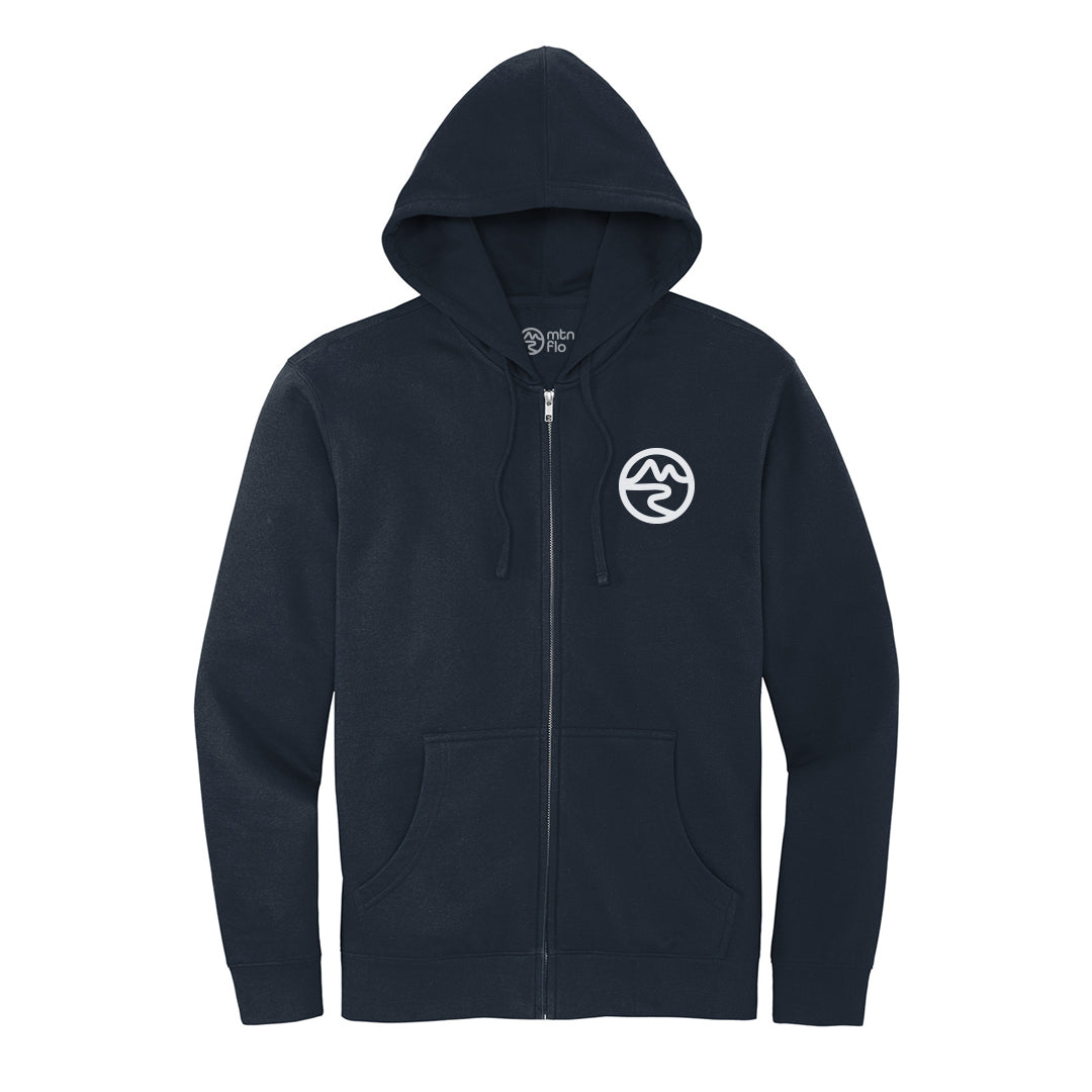 Blue zip up hoodie with white Mtn Flo logo