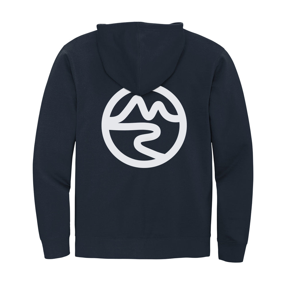 Backside of blue zip up hoodie with white Mtn Flo logo in center