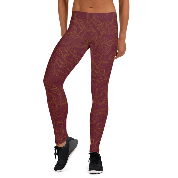 Topographic Map in Maroon & Gold Leggings by Mtn Flo