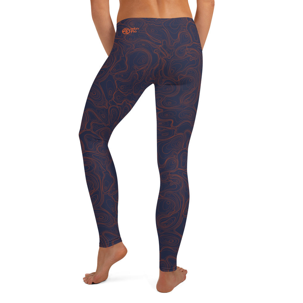 Topographic Map in Navy & Neon Orange Leggings by Mtn Flo | Spandex Blend