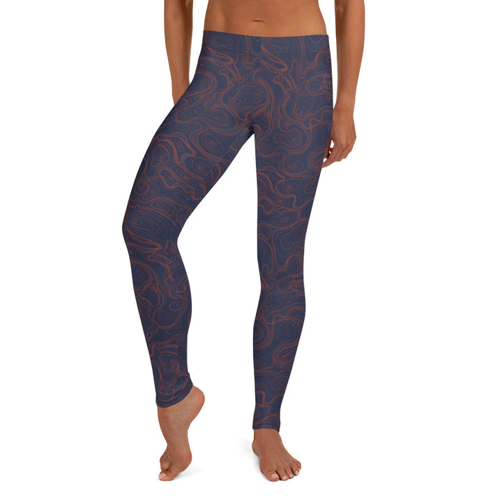 Topographic Map in Navy & Neon Orange Leggings by Mtn Flo | Spandex Blend