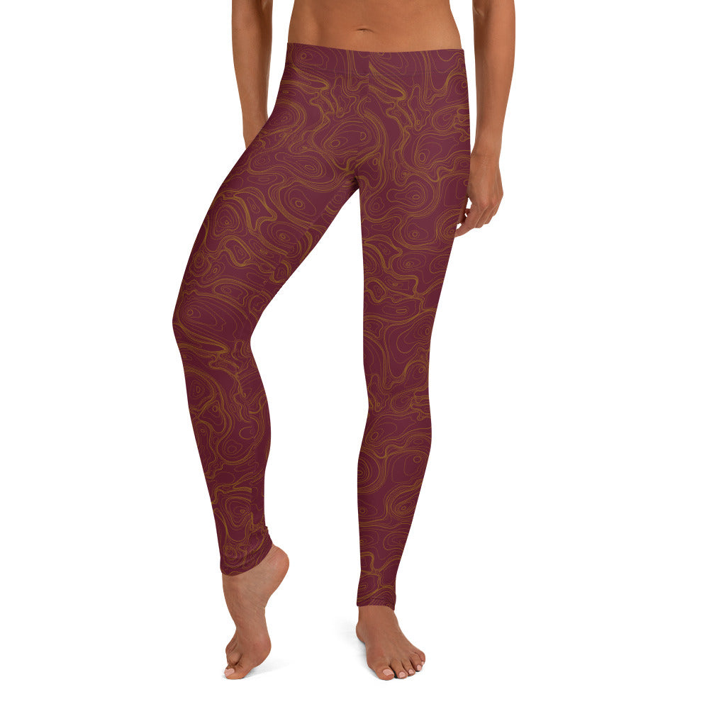 Topographic Map in Maroon & Gold Leggings by Mtn Flo