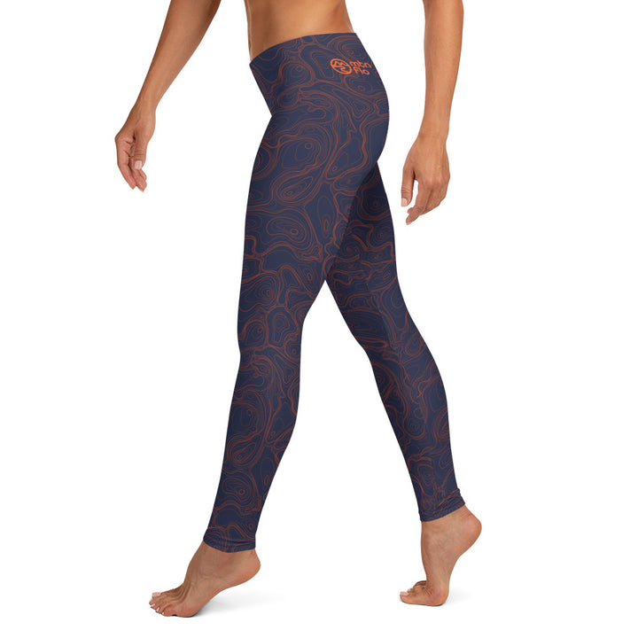 Topographic Map in Navy & Neon Orange Leggings by Mtn Flo | Spandex Blend