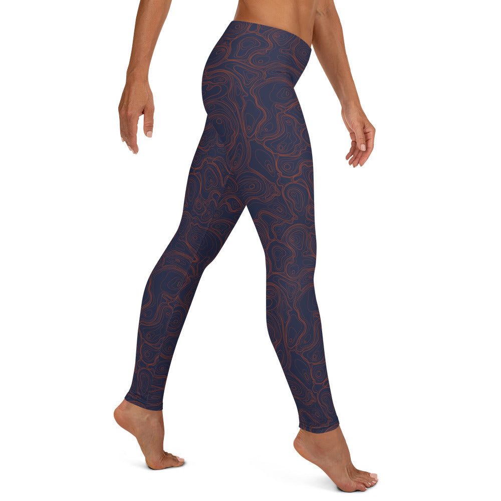 Topographic Map in Navy & Neon Orange Leggings by Mtn Flo | Spandex Blend