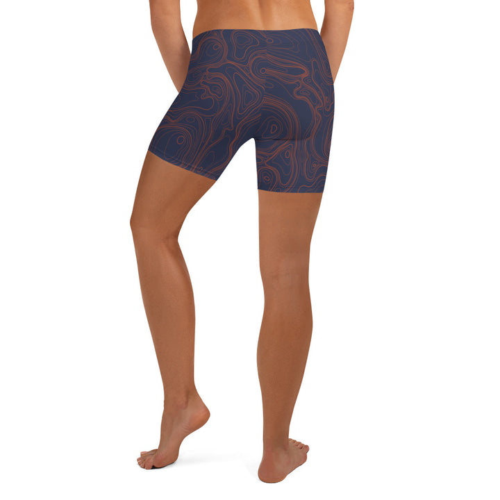 Topographic Map in Navy & Neon Orange Shorts by Mtn Flo | Spandex Blend