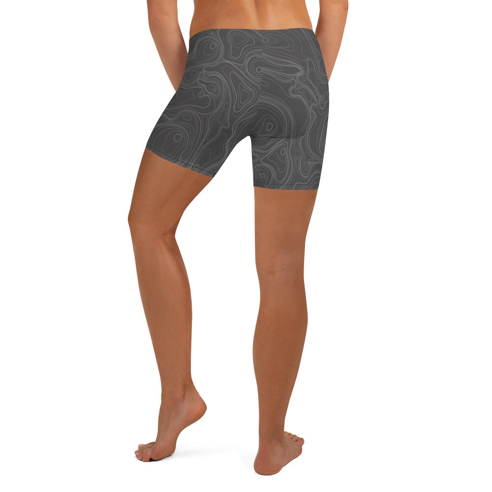 Topographic Map in Charcoal & Gray Shorts by Mtn Flo | Spandex Blend