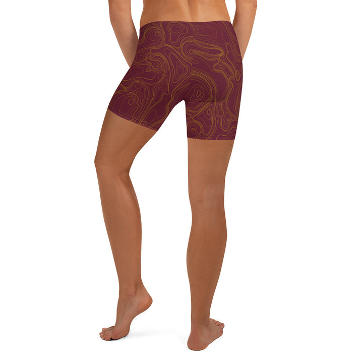 Topographic Map in Maroon & Gold Shorts by Mtn Flo | Spandex Blend