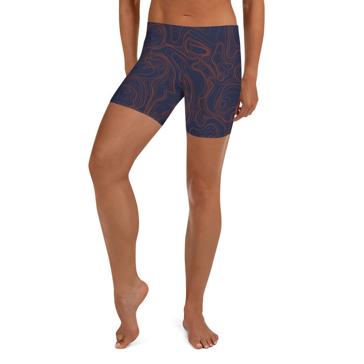 Topographic Map in Navy & Neon Orange Shorts by Mtn Flo | Spandex Blend