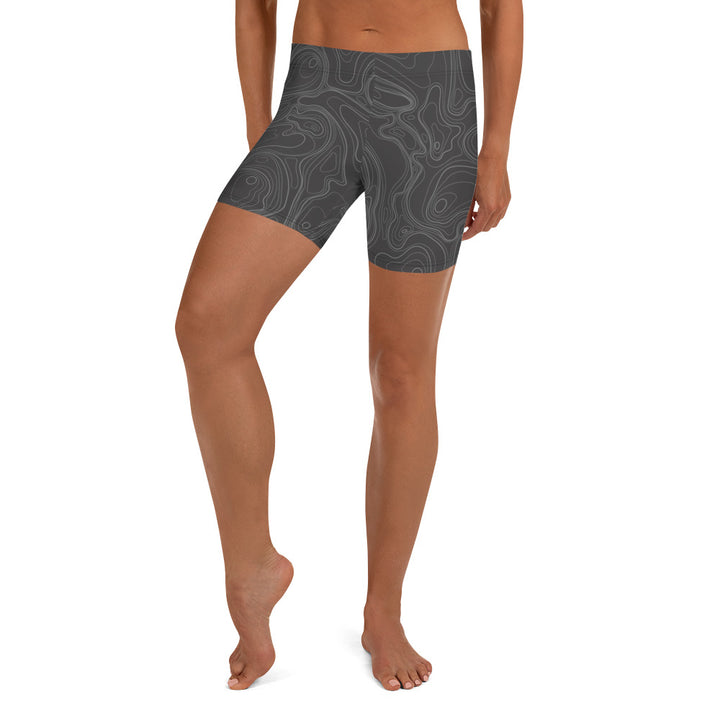 Topographic Map in Charcoal & Gray Shorts by Mtn Flo | Spandex Blend