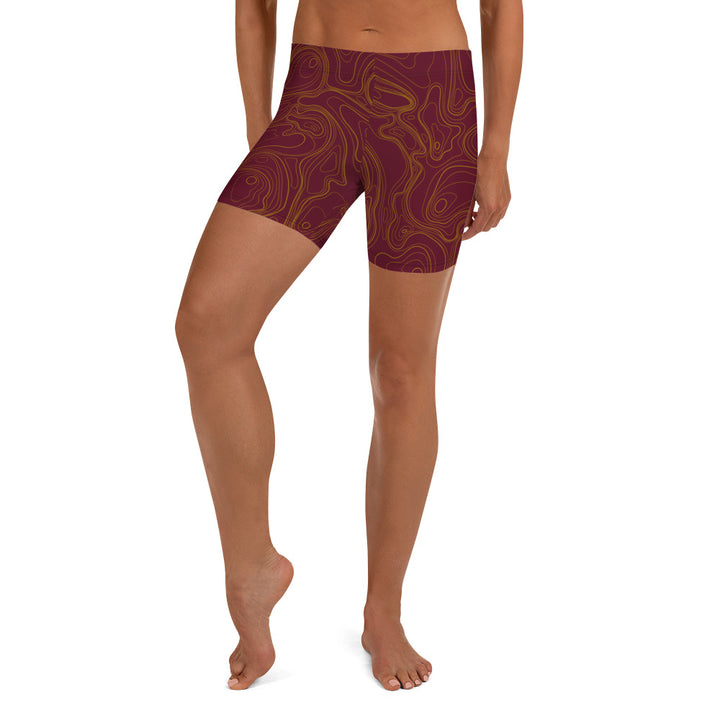 Topographic Map in Maroon & Gold Shorts by Mtn Flo | Spandex Blend