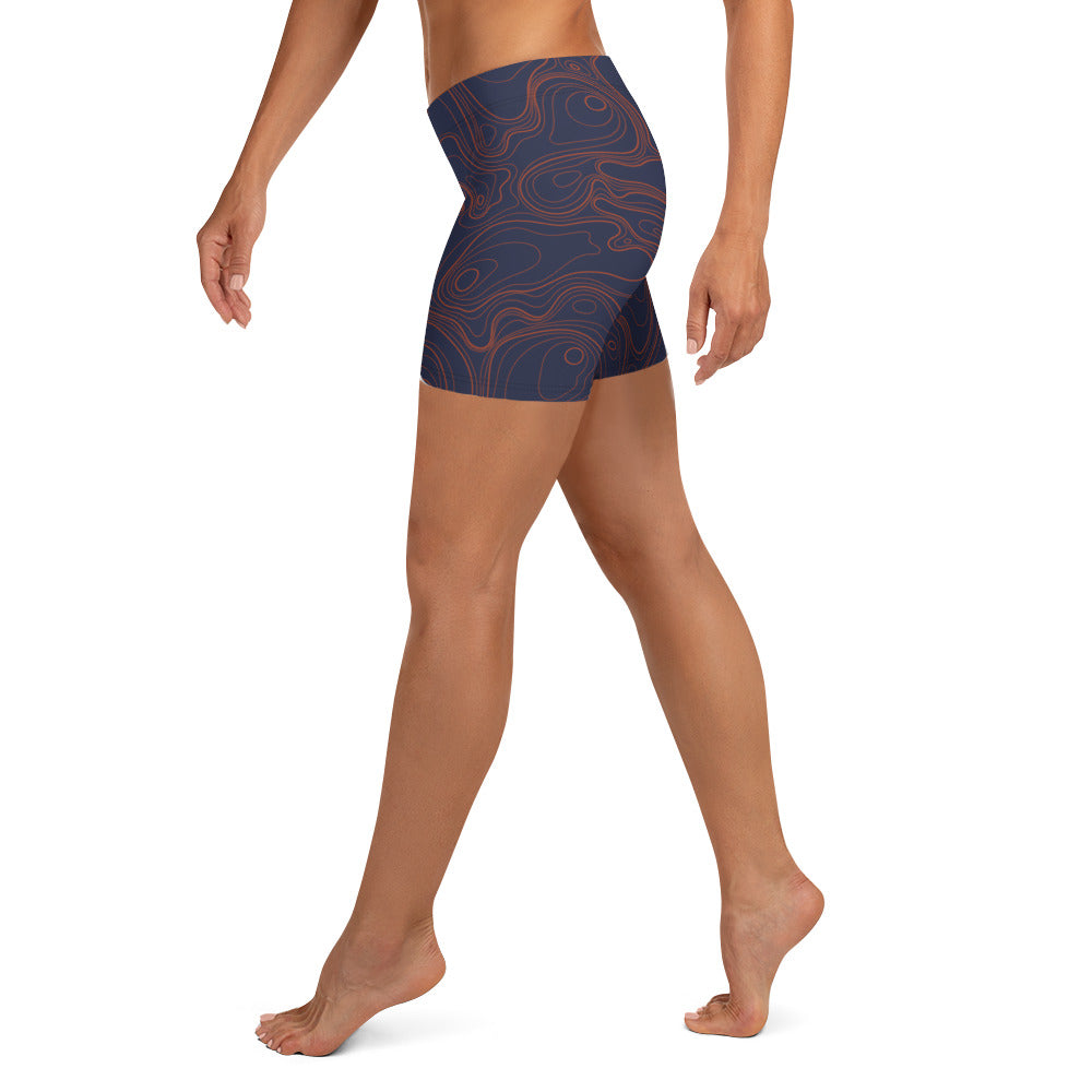 Topographic Map in Navy & Neon Orange Shorts by Mtn Flo | Spandex Blend