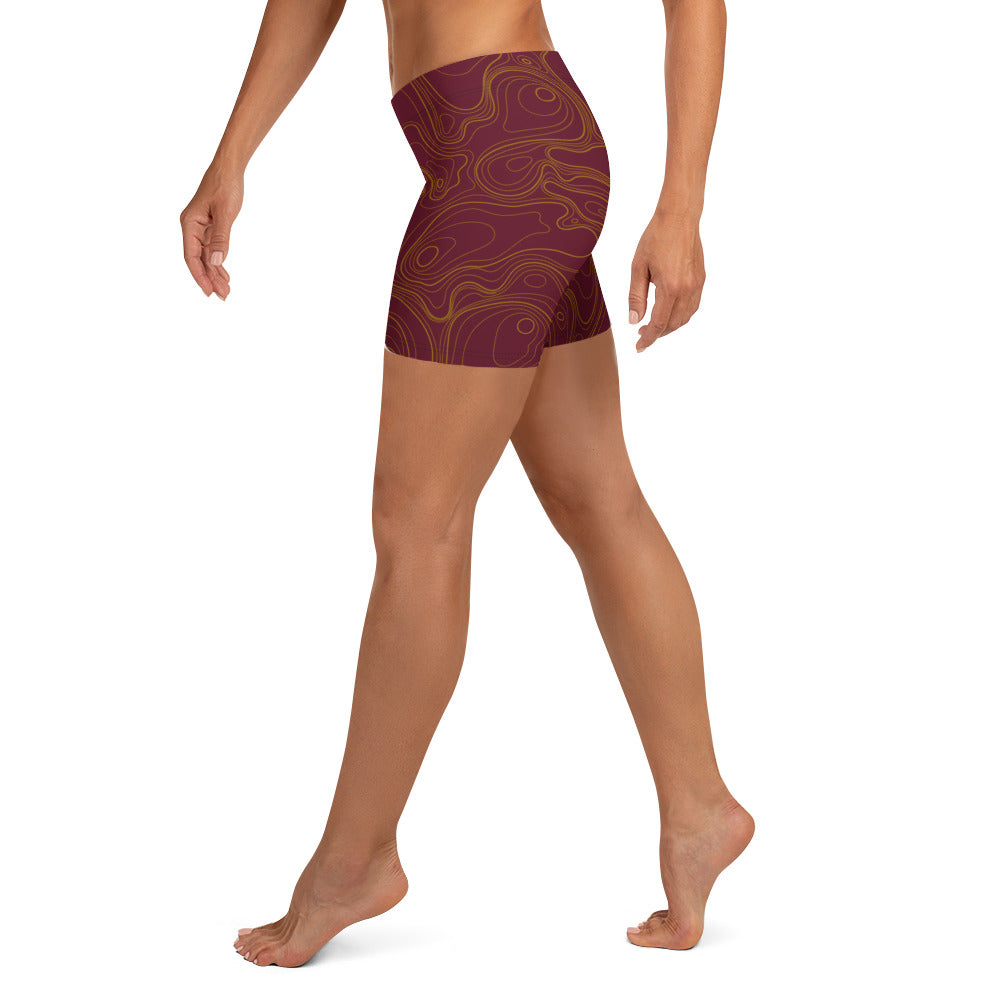 Topographic Map in Maroon & Gold Shorts by Mtn Flo | Spandex Blend