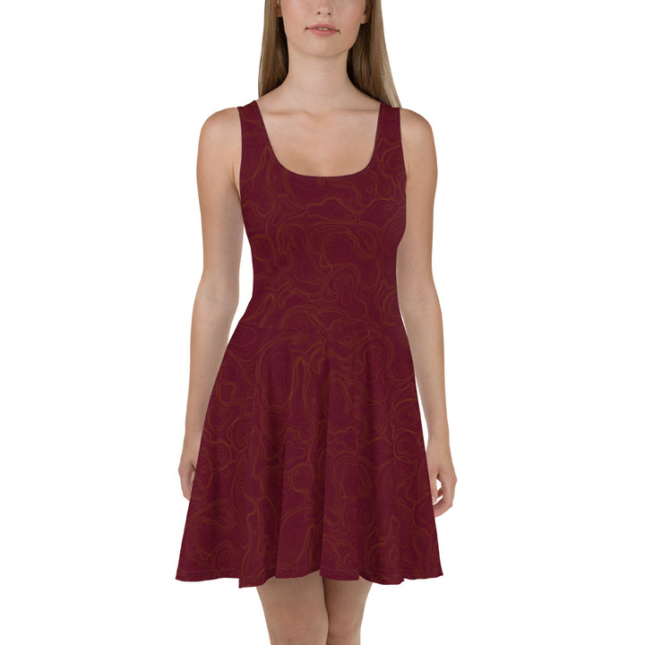 Topographic Map in Maroon & Gold Skater Dress by Mtn Flo | Spandex Blend