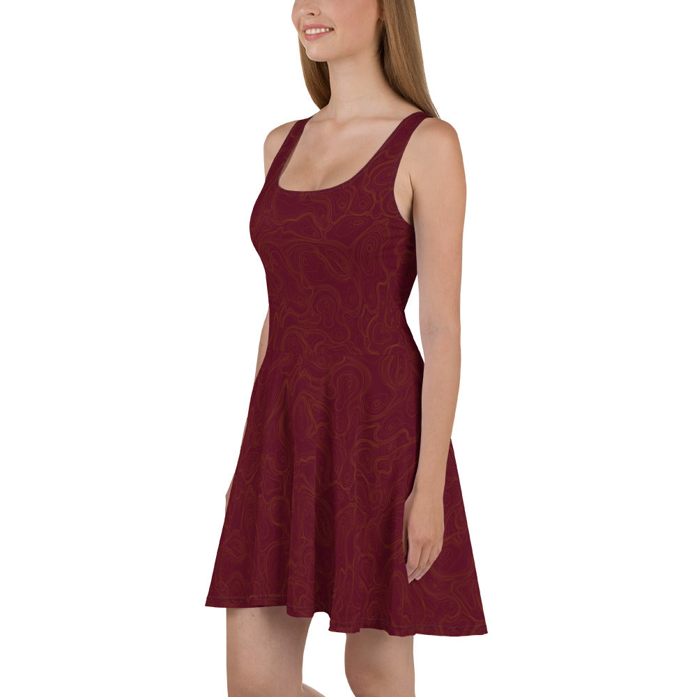 Topographic Map in Maroon & Gold Skater Dress by Mtn Flo | Spandex Blend