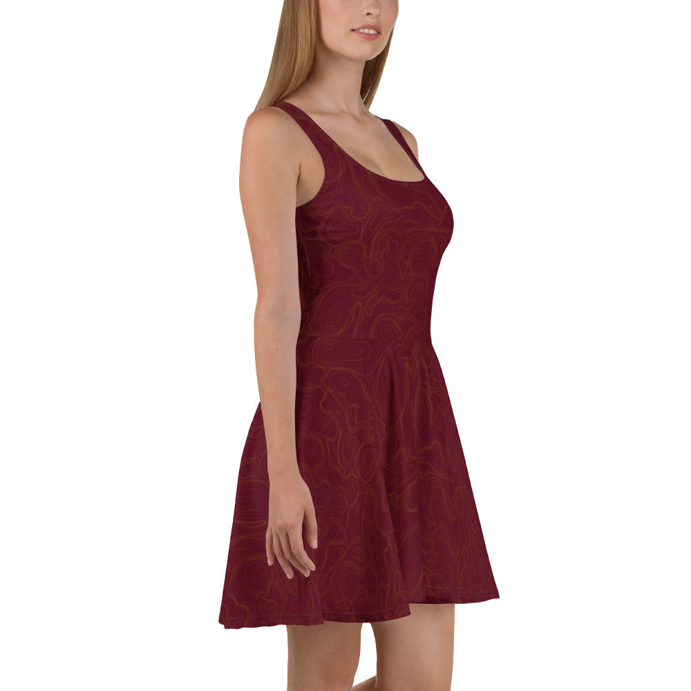 Topographic Map in Maroon & Gold Skater Dress by Mtn Flo | Spandex Blend