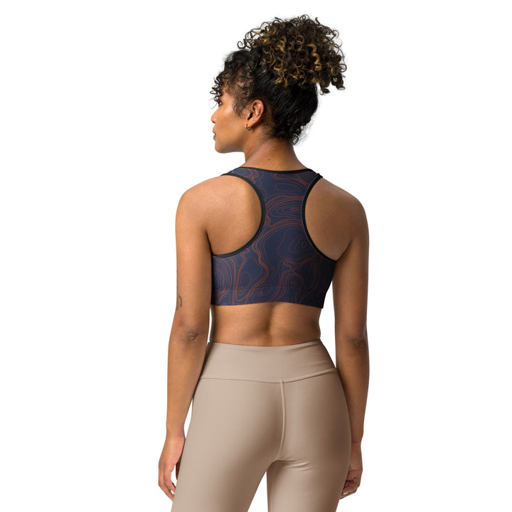 Topographic Map in Navy & Neon Orange Sports Bra by Mtn Flo