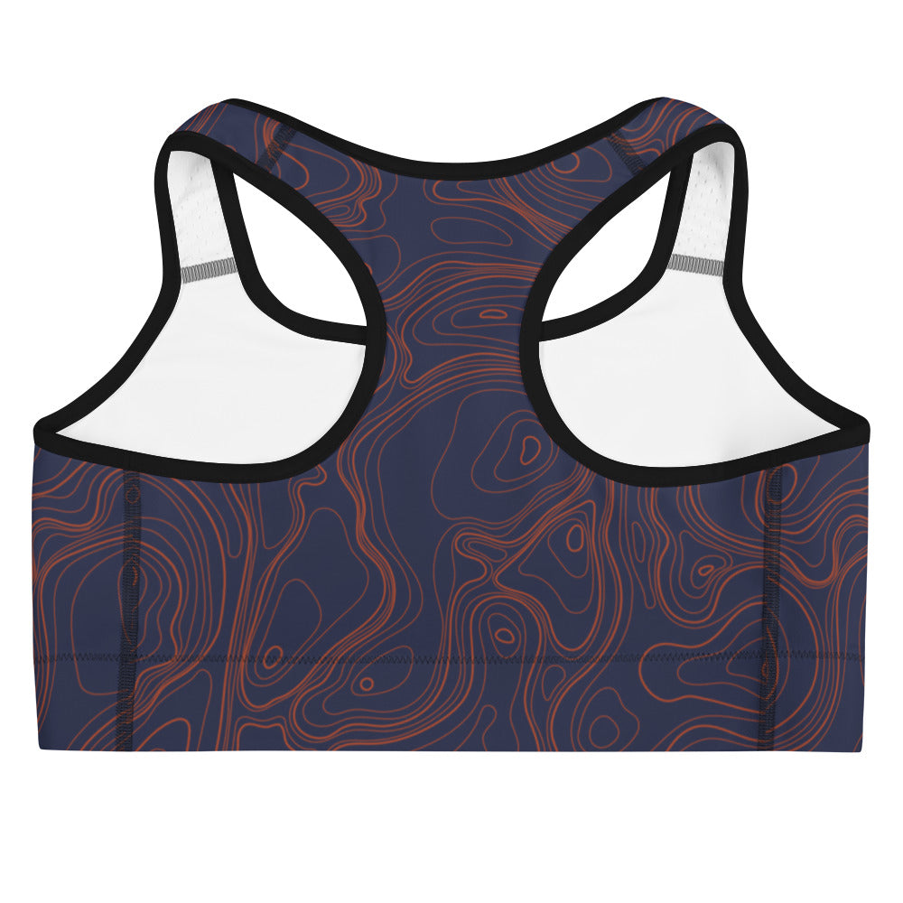 Topographic Map in Navy & Neon Orange Sports Bra by Mtn Flo