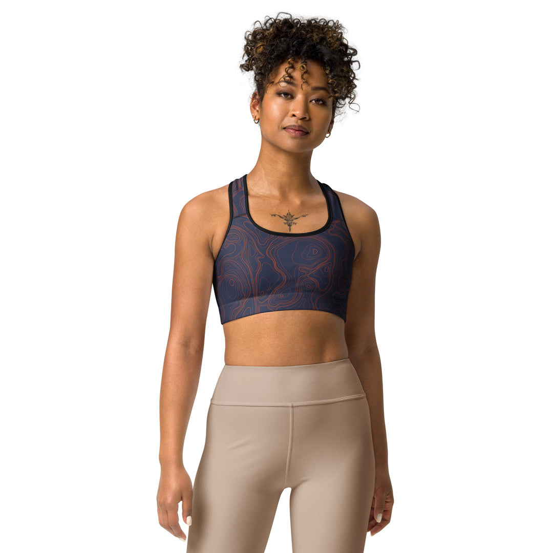 Topographic Map in Navy & Neon Orange Sports Bra by Mtn Flo